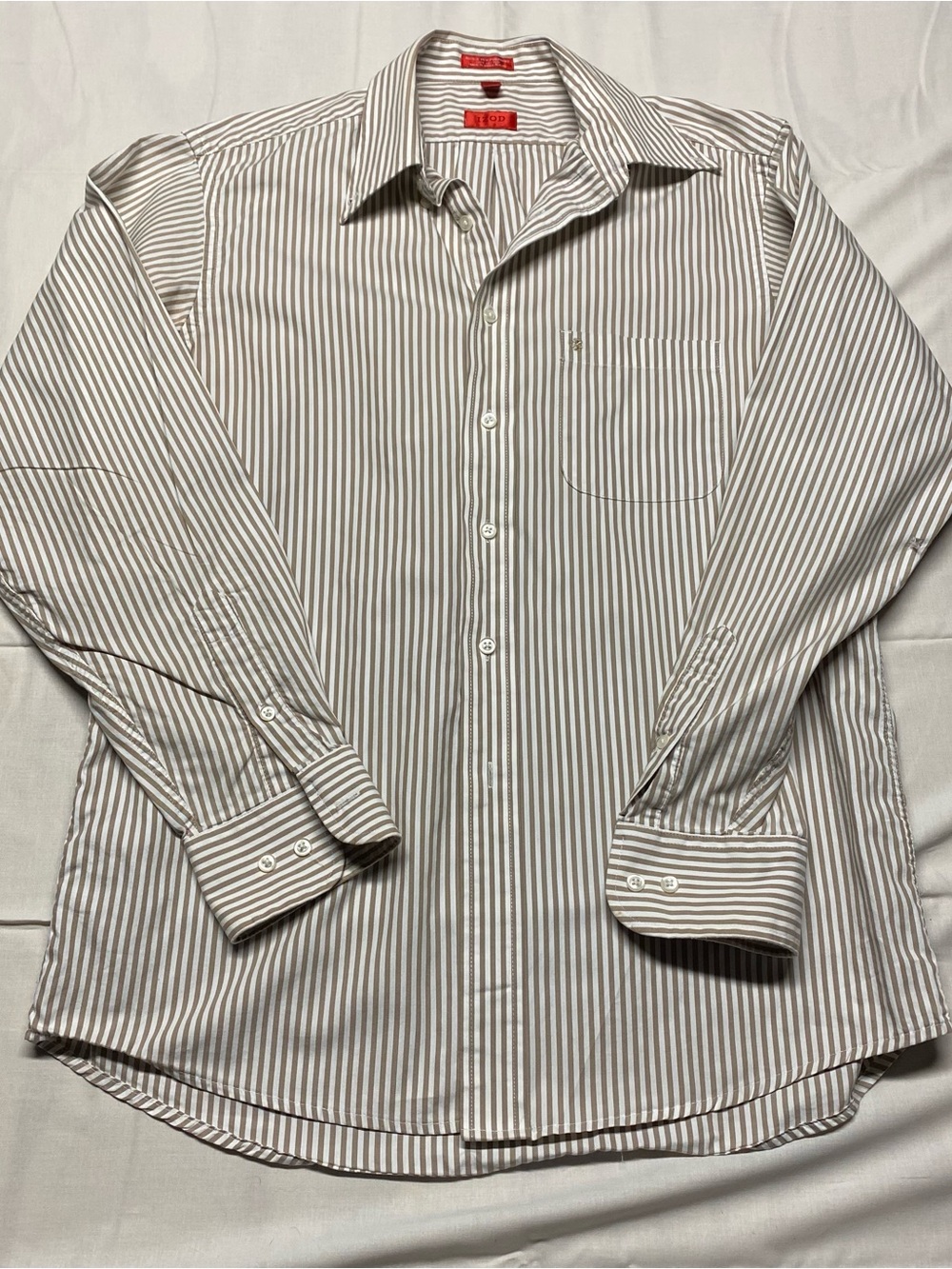 Mens size medium Izod Brown and White Vertical Stripe Dress Shirt